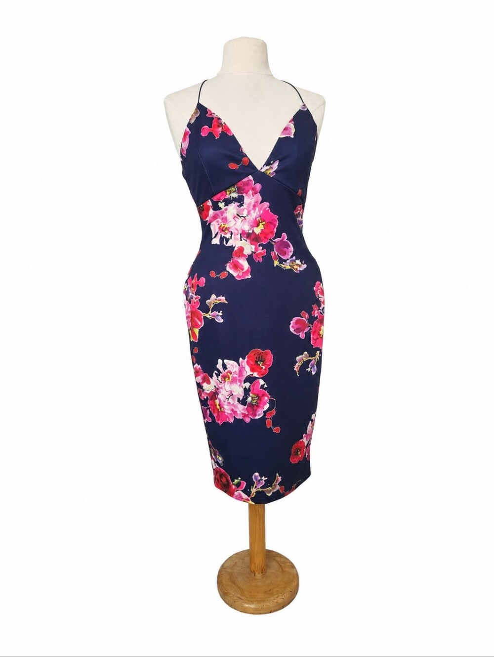 AX PARIS NAVY AND  FLORAL MIDI DRESS WITH SPAGHETTI STRAPS, SIZE 12